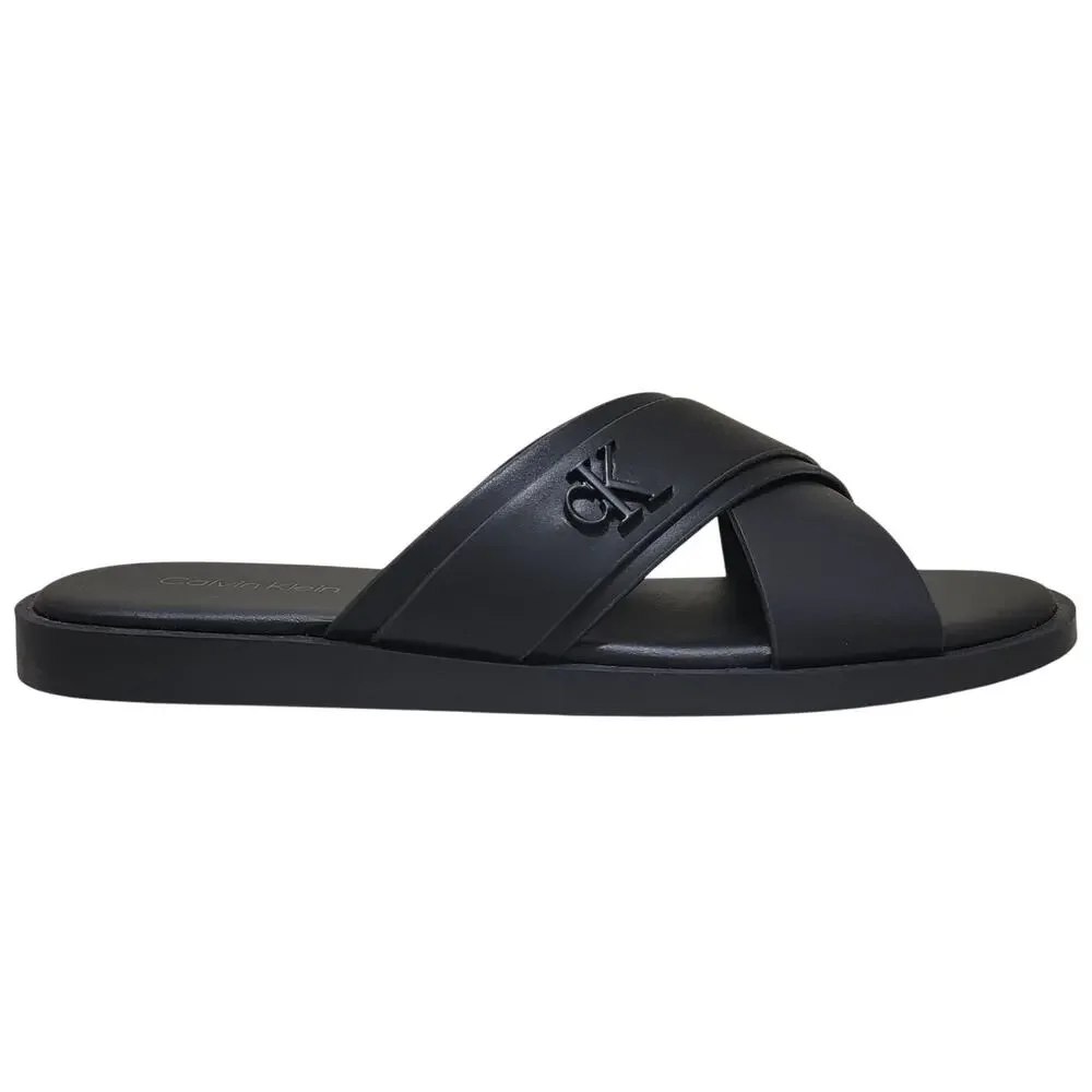 Calvin Klein Men Elern Cross Strap Slide Sandals Size US 9M Black Faux Leather
